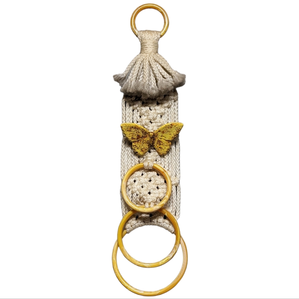 Vintage Macrame Towel Holder Yellow Ceramic Butterfly 3 rings Handmade 70s Boho